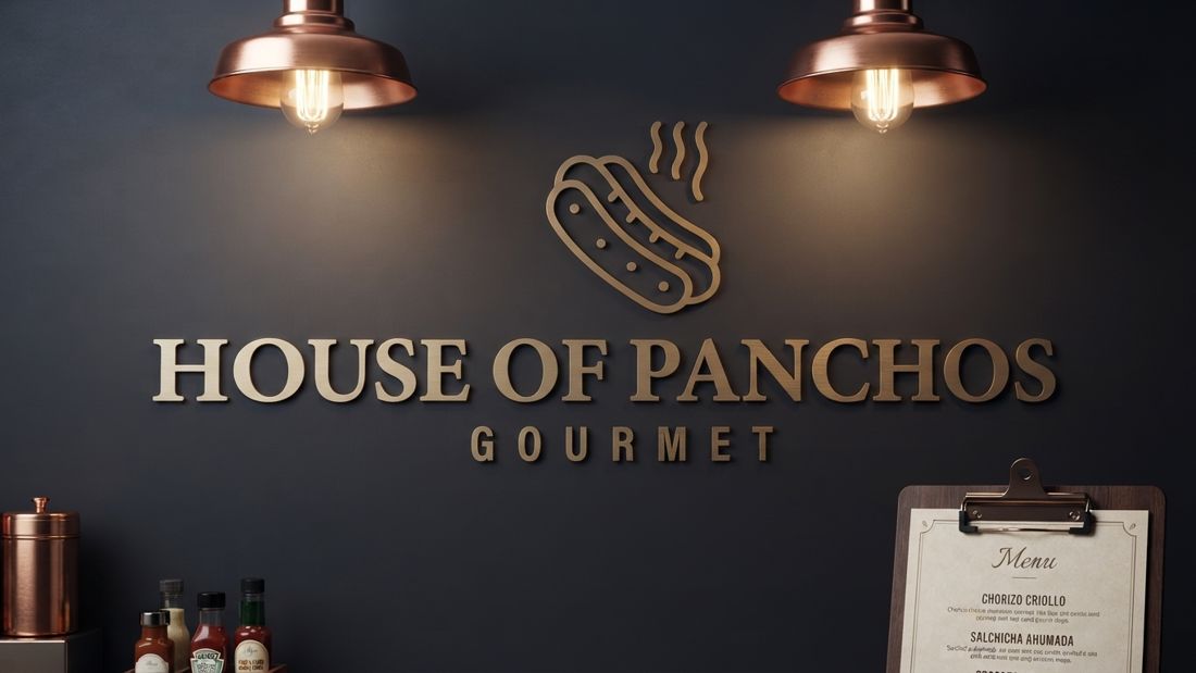 El logo de House of Panchos en bronce sobre la pared del salón, bajo dos lámparas de cobre